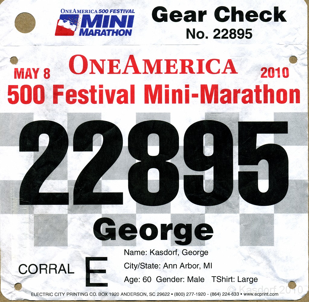 Indy Mini-Marathon 2010 002.jpg - Offical bib picked up at the expo on Friday afternoon. Shows corral (starting location) "E", along with other information.